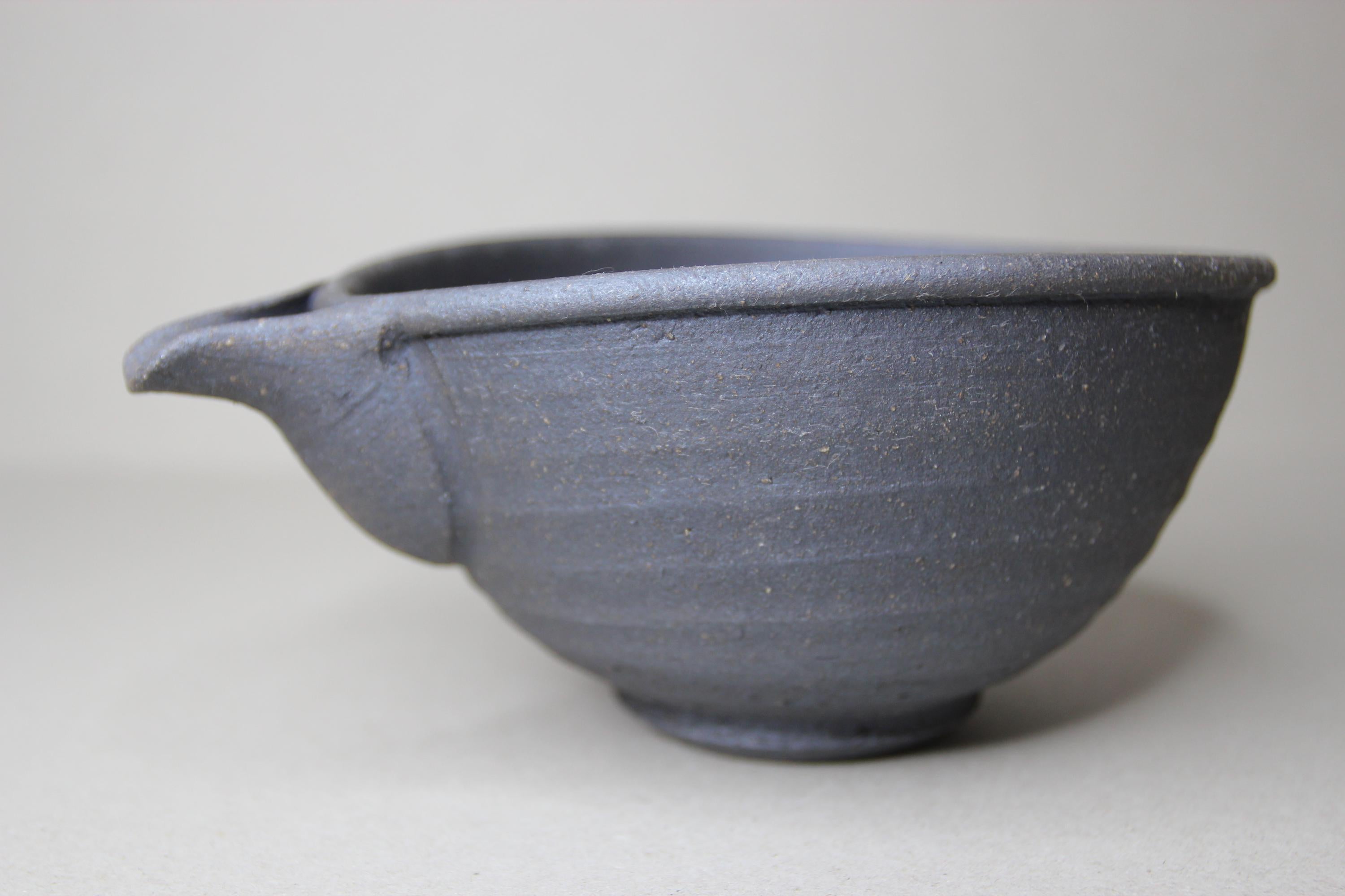 Handmade Japanese Katakuchi Bowl: Dark Clay Sake Pouring Bowl