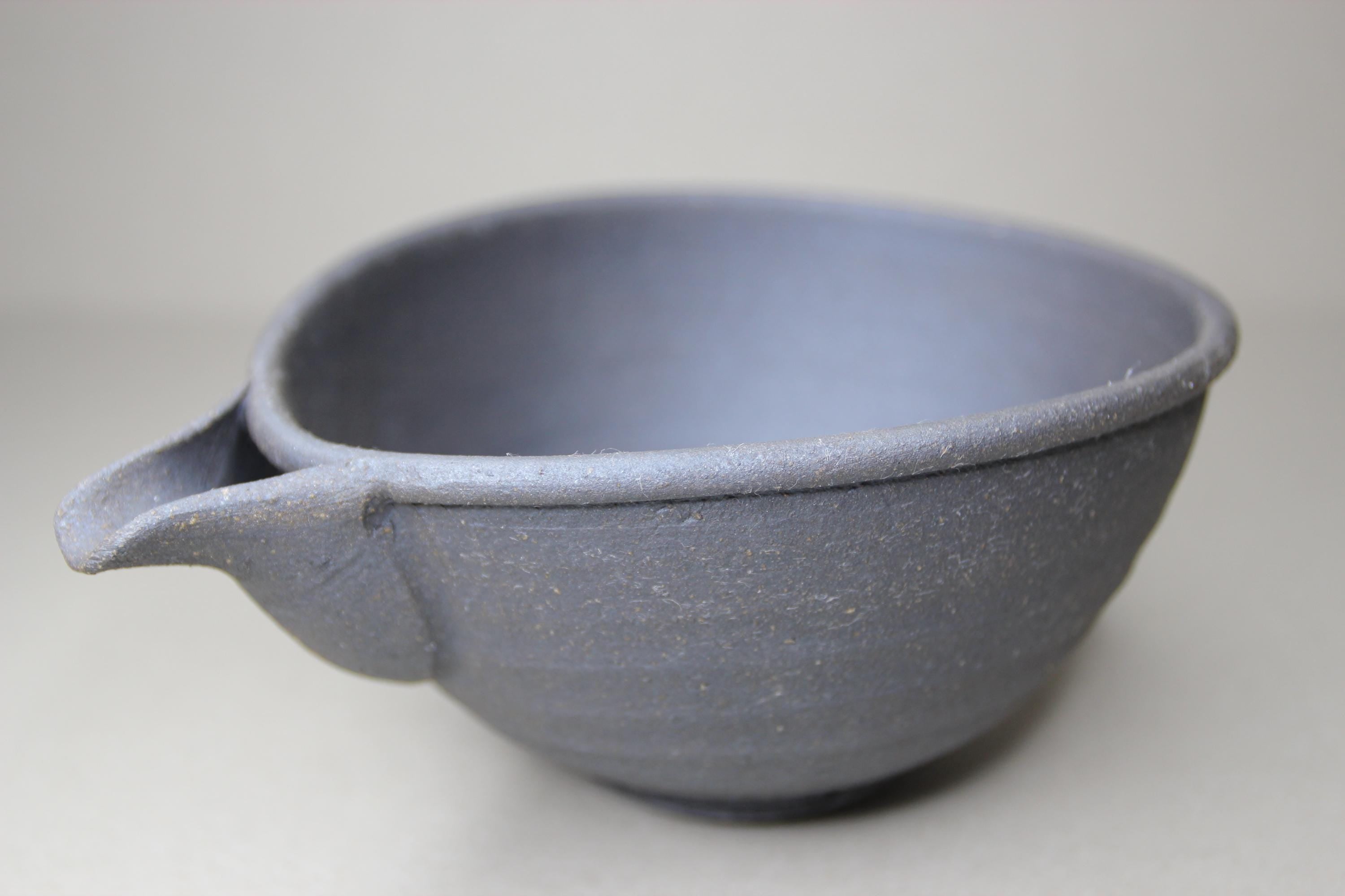 Handmade Japanese Katakuchi Bowl: Dark Clay Sake Pouring Bowl