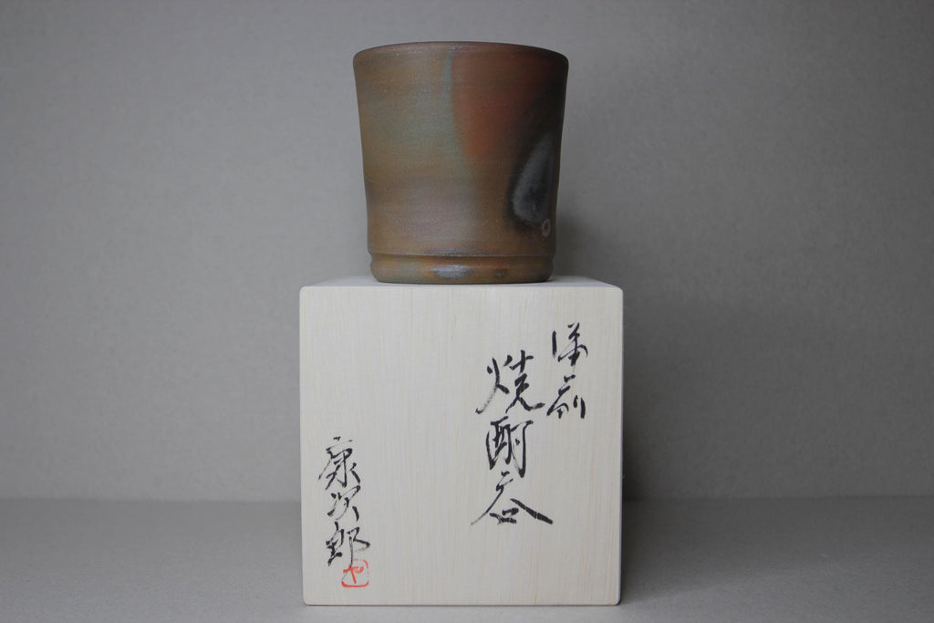 Bizen Ware Pottery Cup: Handmade Japanese Tea/Sake Cup in Wooden Box
