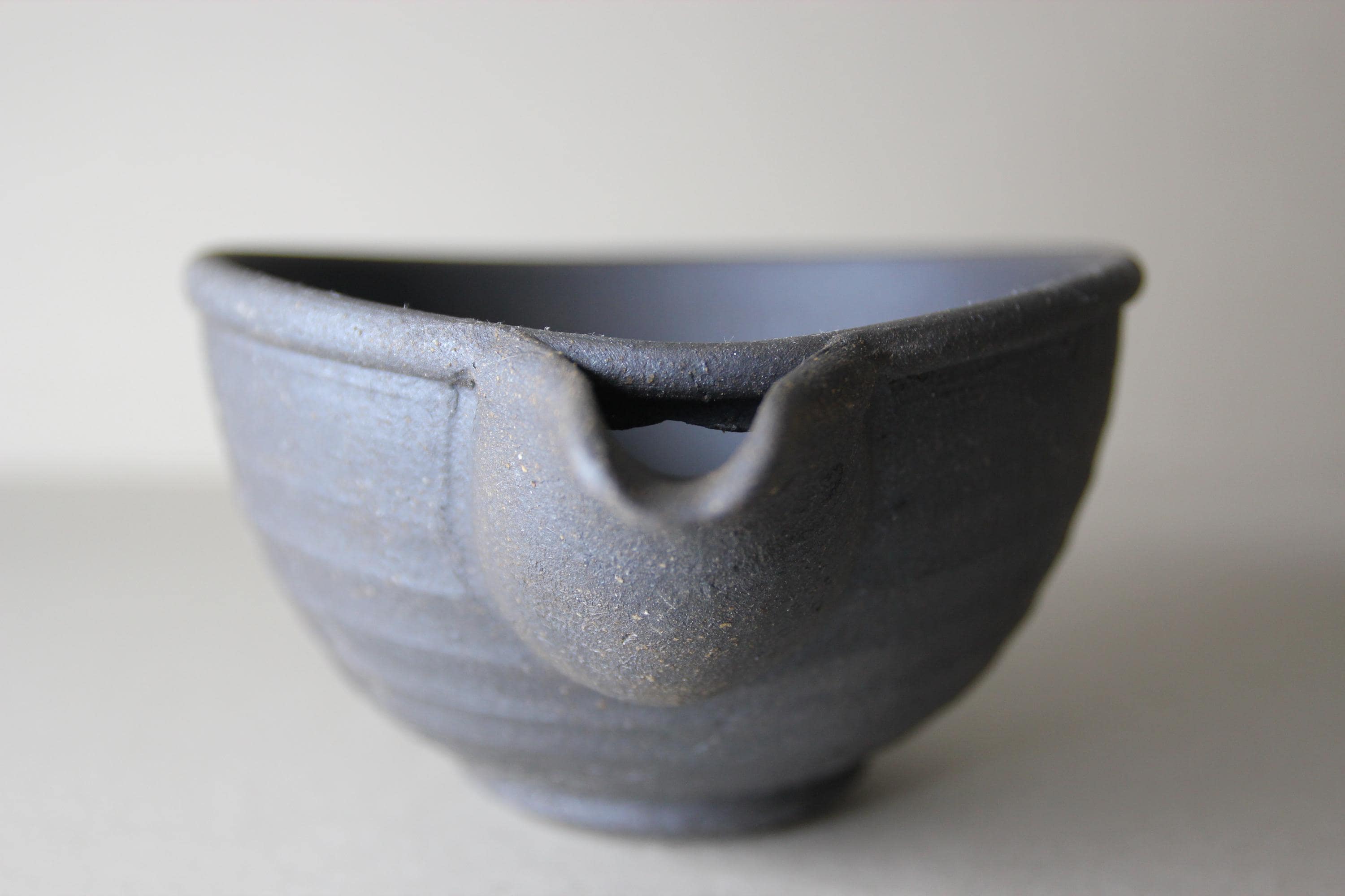Handmade Japanese Katakuchi Bowl: Dark Clay Sake Pouring Bowl