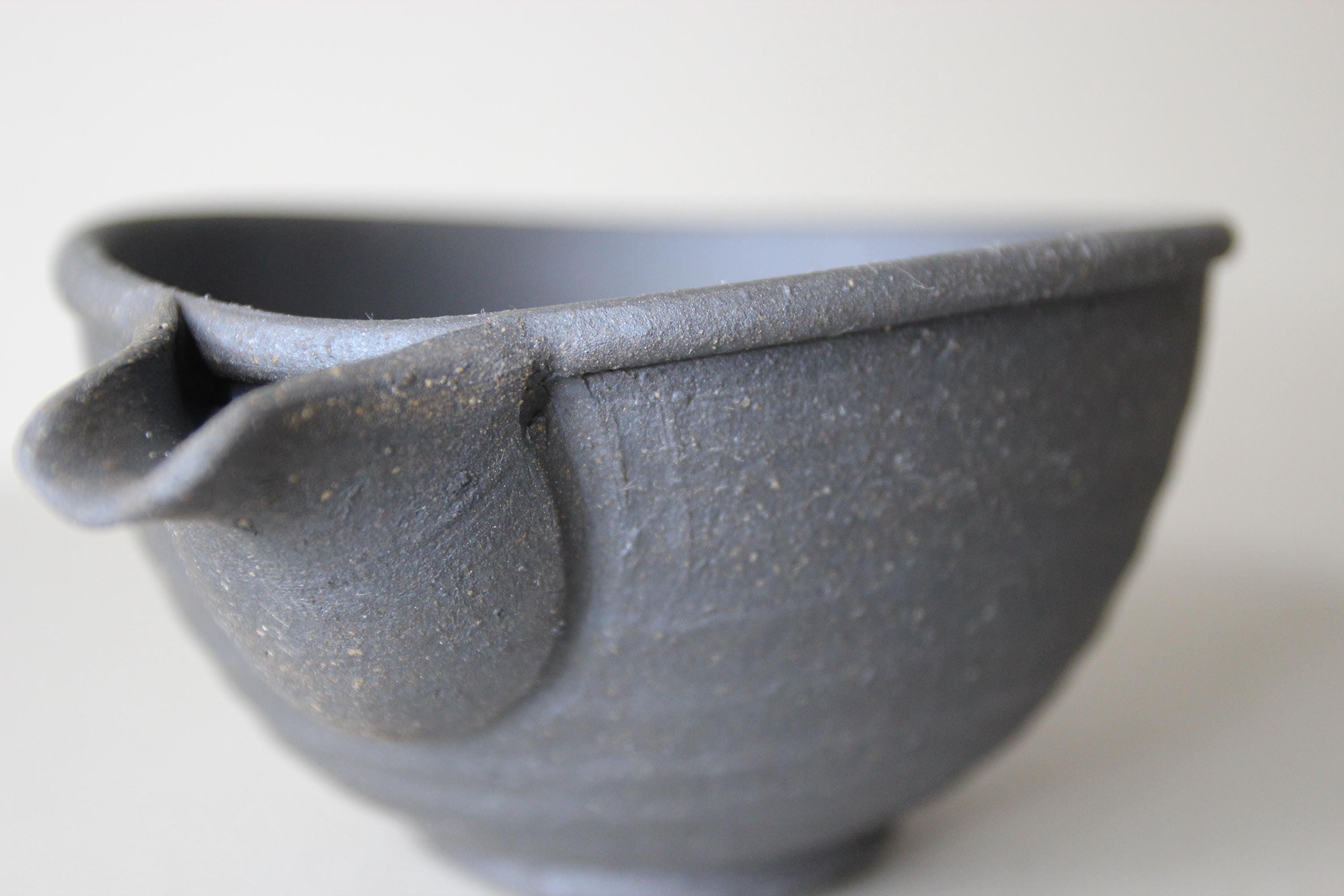 Handmade Japanese Katakuchi Bowl: Dark Clay Sake Pouring Bowl