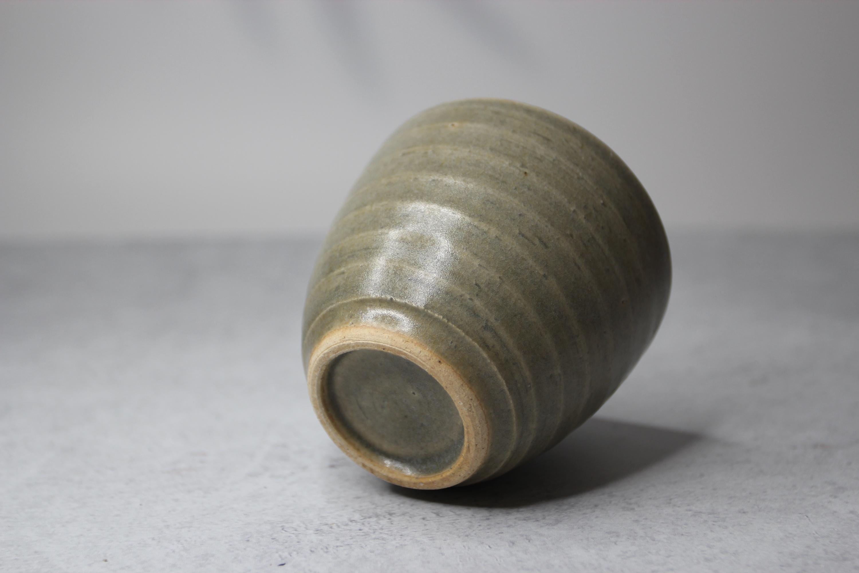 Japanese Shigaraki Ware Olive Ceramic Teacup: Rustic Handmade Pottery