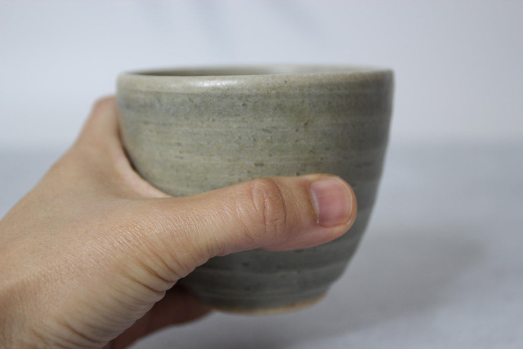 Japanese Shigaraki Ware Olive Ceramic Teacup: Rustic Handmade Pottery