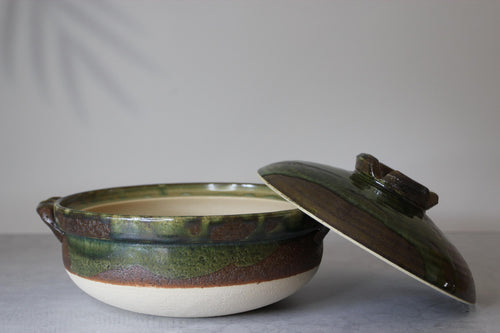 Banko-Yaki Donabe | Japanese Ceramic Hot Pot, Green Glazed Namban