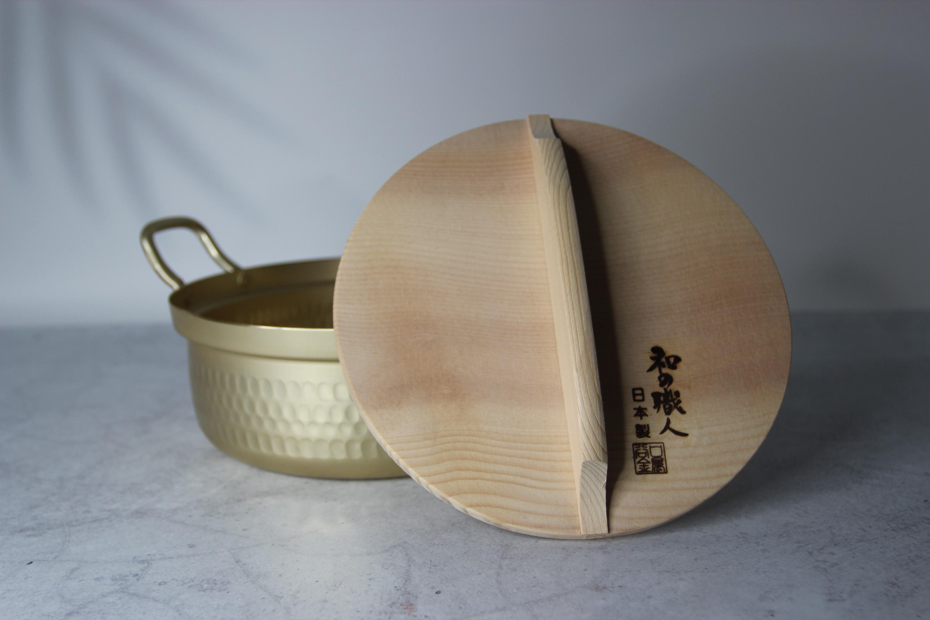 Japanese Shallow Pot 18cm with Wooden Lid  Aluminum Saucepan | Made in Japan Craftsman Cookware | Lightweight Pot | Minimalist Kitchen