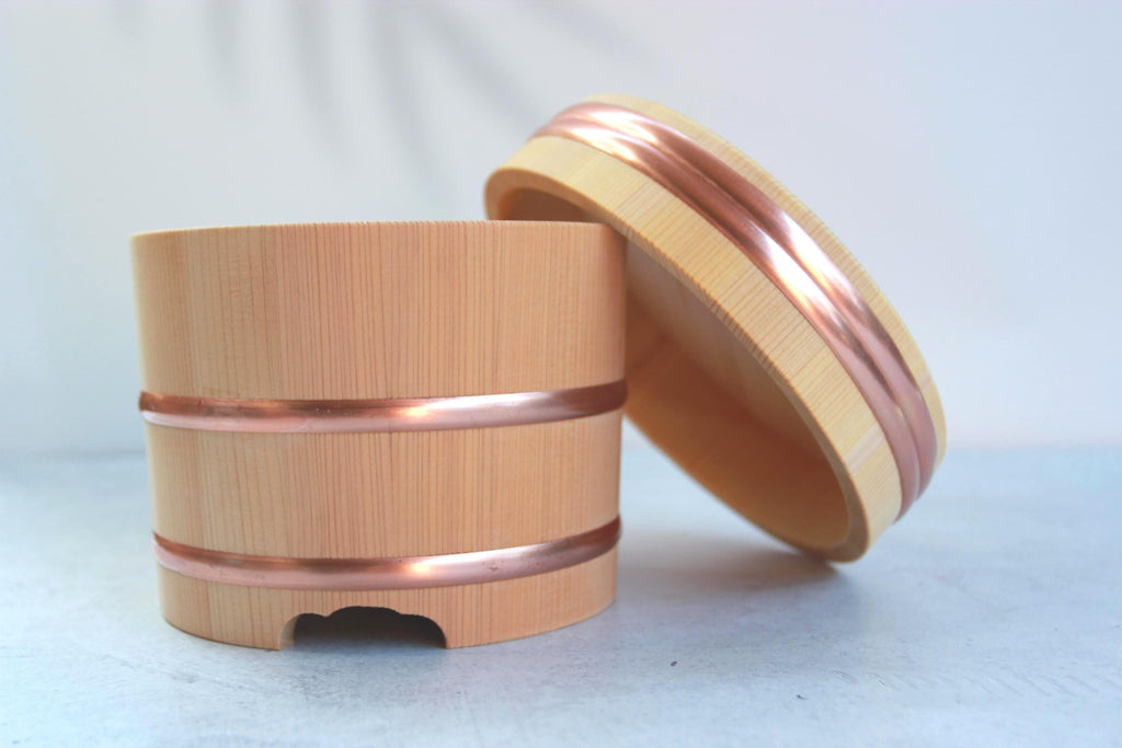 Edo Bitsu Rice Container | Kiso Sawara Cypress Wood Bowl with Copper Bands, Handmade Japan
