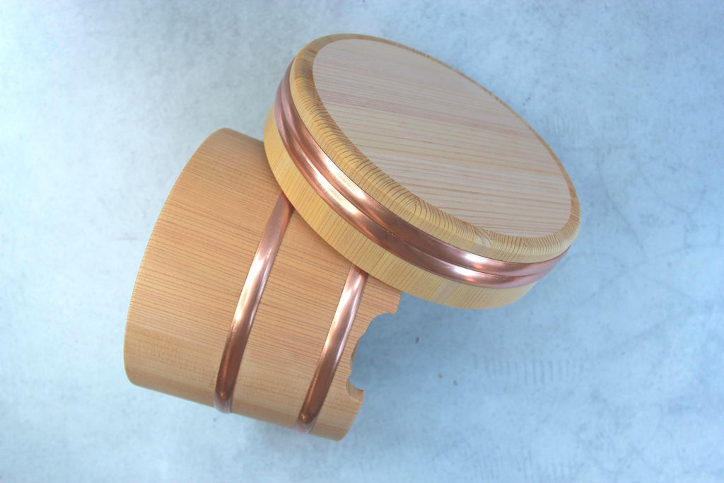 Edo Bitsu Rice Container | Kiso Sawara Cypress Wood Bowl with Copper Bands, Handmade Japan