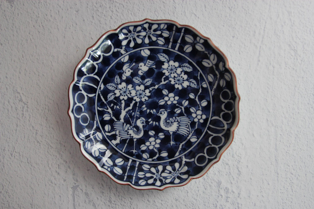 Handmade Hasami Hanadori Rinka Plate  Blue & White Flower and Bird Design