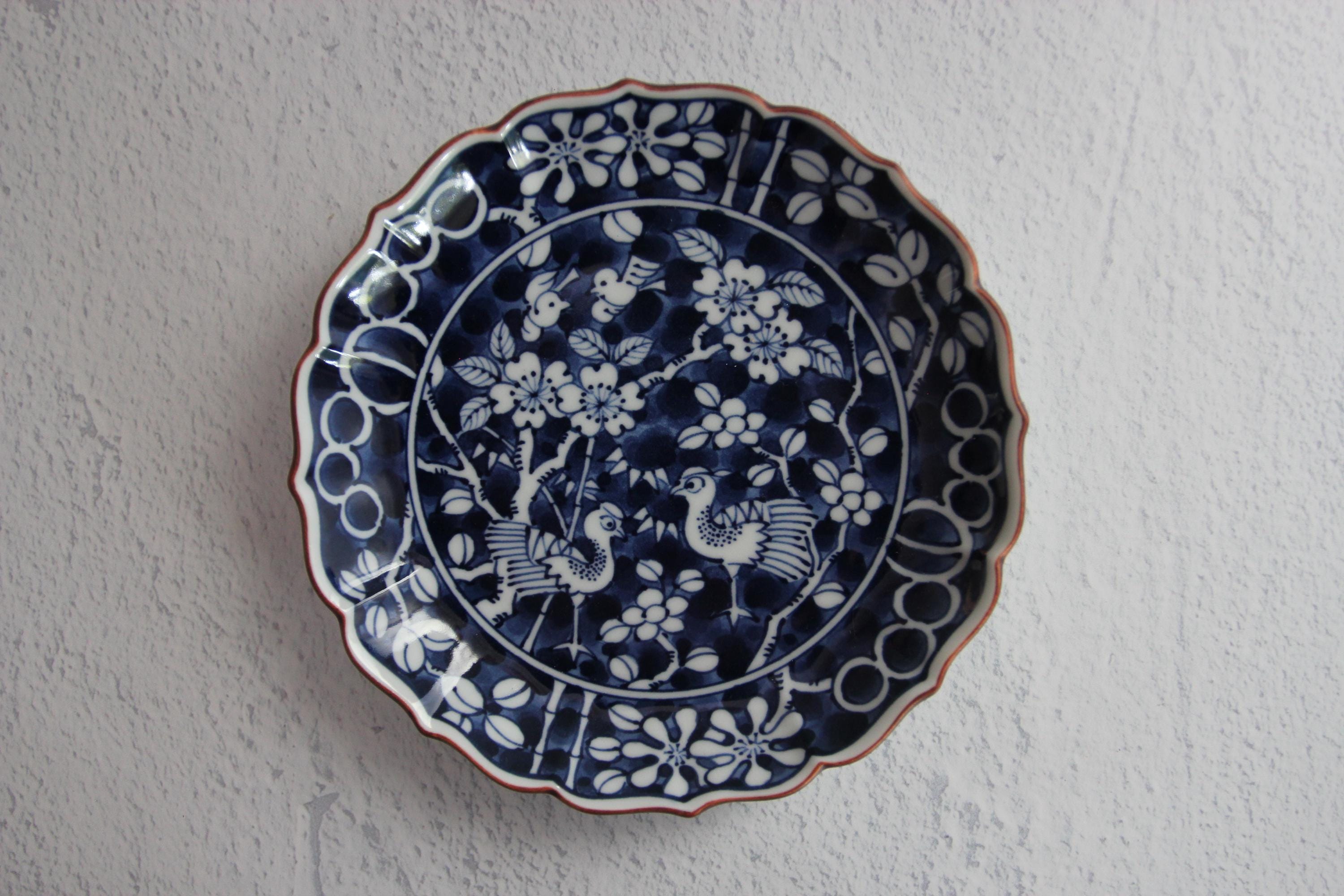 Handmade Hasami Hanadori Rinka Plate  Blue & White Flower and Bird Design