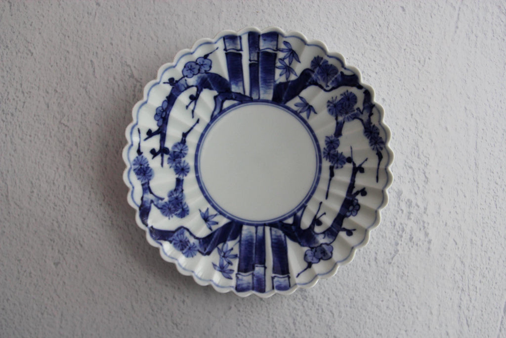 Hasami Plate: Japanese Porcelain Chrysanthemum Dish with Pine, Bamboo & Plum Design