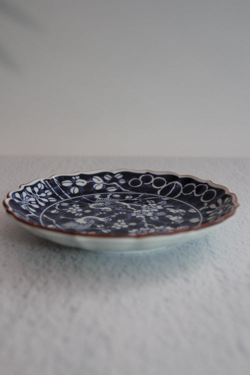 Handmade Hasami Hanadori Rinka Plate  Blue & White Flower and Bird Design