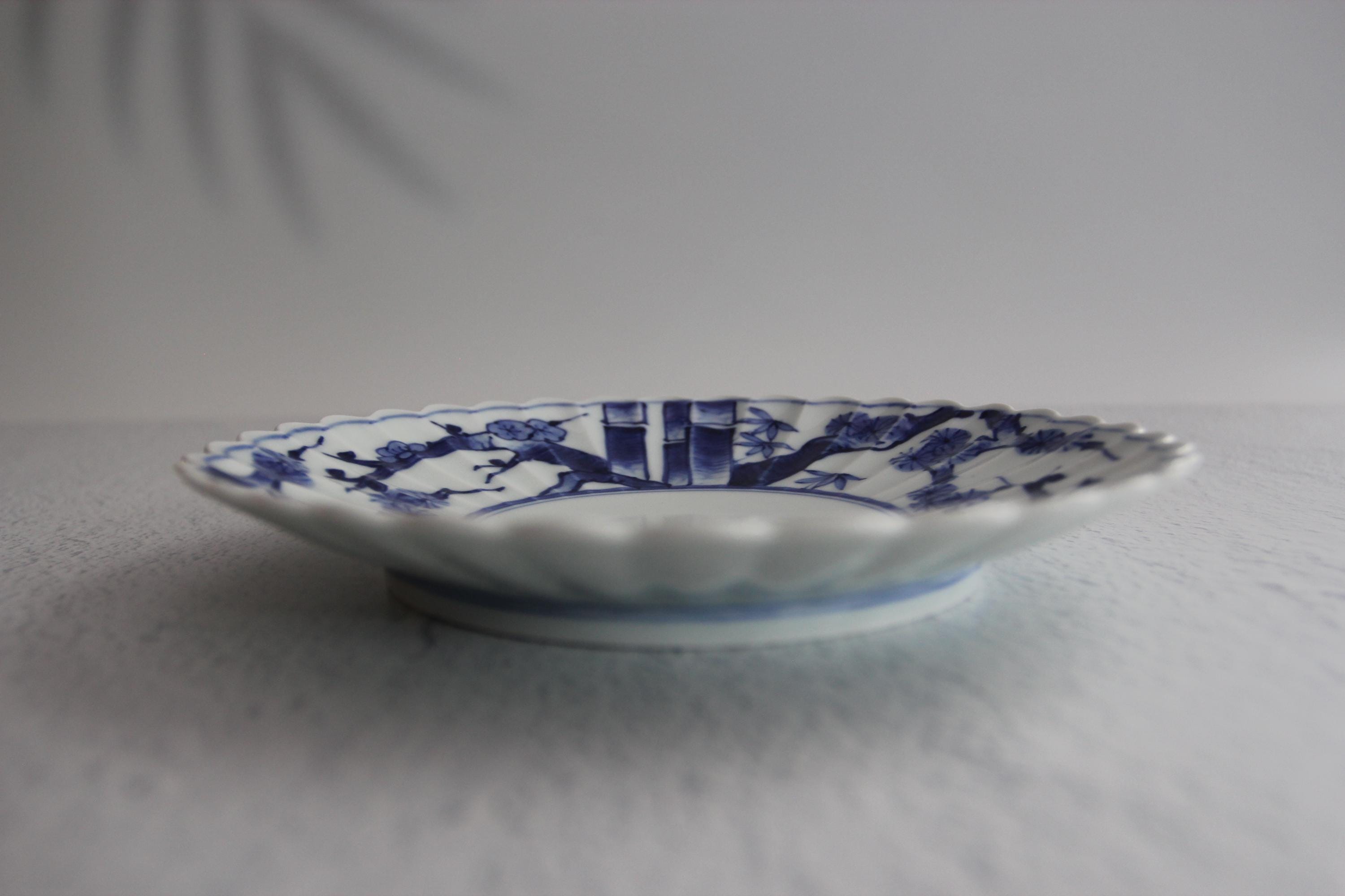 Hasami Plate: Japanese Porcelain Chrysanthemum Dish with Pine, Bamboo & Plum Design
