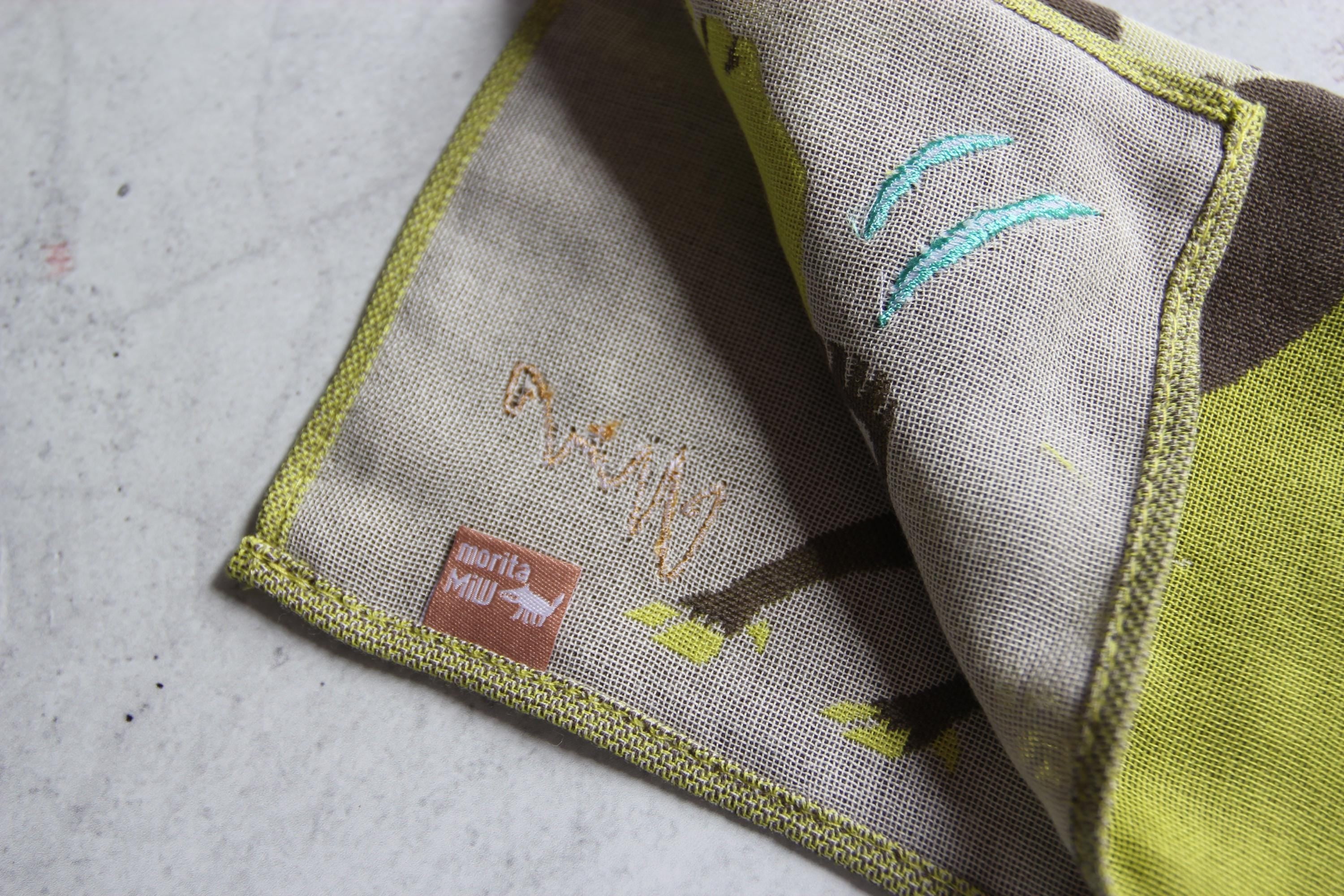 Embroidered Animal Gauze Handkerchief: Japanese Cotton Hanky (25x25cm)