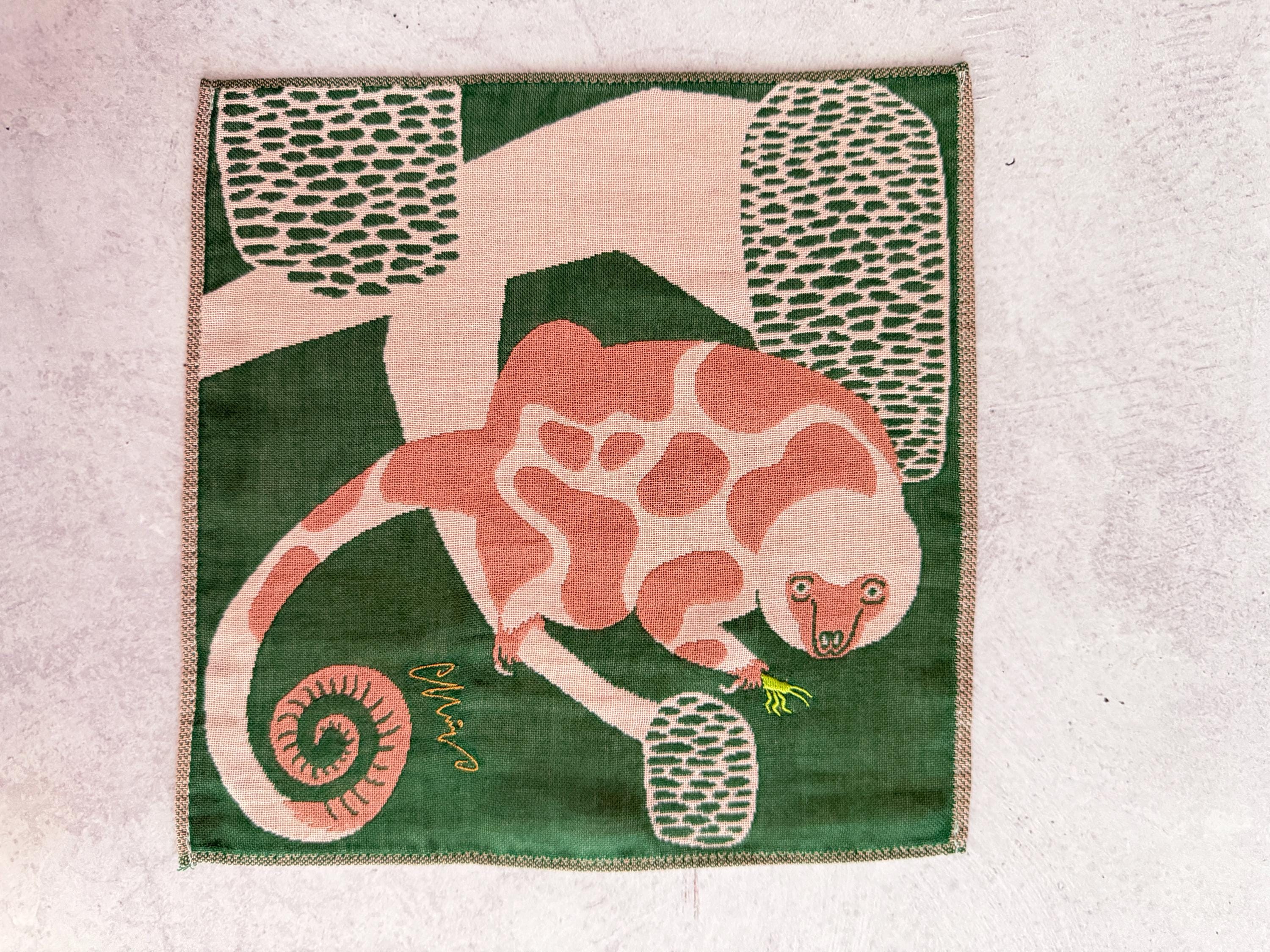 Embroidered Animal Gauze Handkerchief: Japanese Cotton Hanky (25x25cm)