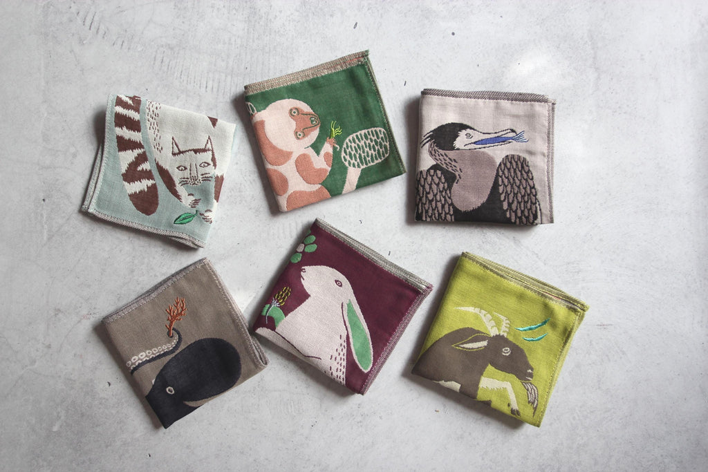 Embroidered Animal Gauze Handkerchief: Japanese Cotton Hanky (25x25cm)