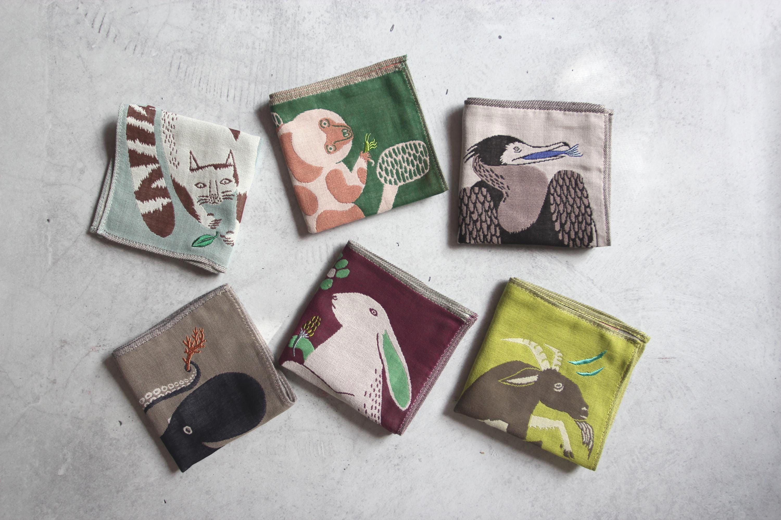 Embroidered Animal Gauze Handkerchief: Japanese Cotton Hanky (25x25cm)