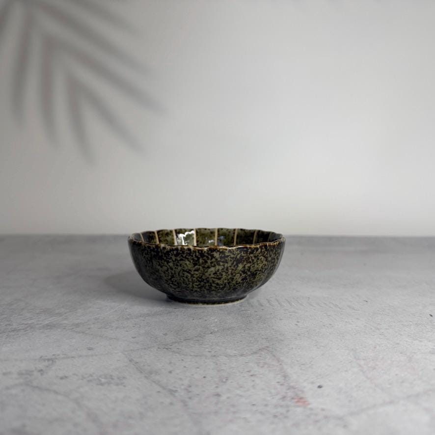 Mino Ware Dark Green Chrysanthemum Shaped Bowl  Japanese Ceramic Small Serving Dish