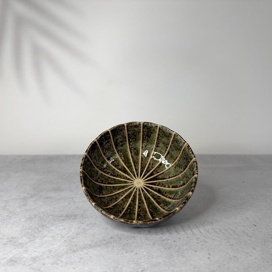 Mino Ware Dark Green Chrysanthemum Shaped Bowl  Japanese Ceramic Small Serving Dish