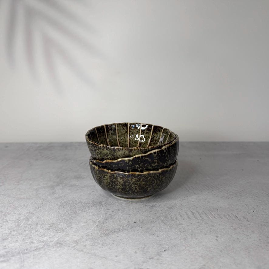 Mino Ware Dark Green Chrysanthemum Shaped Bowl  Japanese Ceramic Small Serving Dish