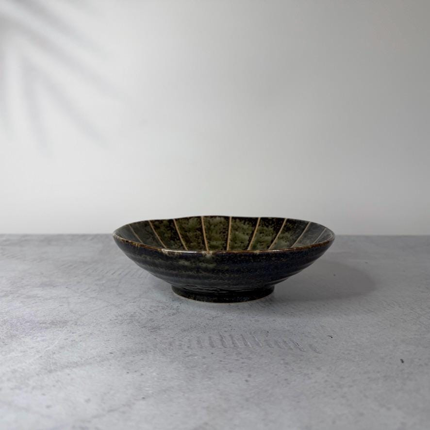 Mino Ware Dark Green Chrysanthemum Bowl  Handmade-Style Japanese Pottery, 17cm