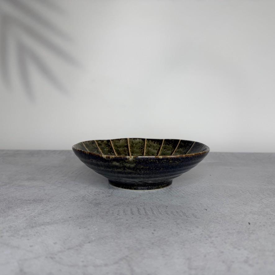 Mino Ware Dark Green Chrysanthemum Bowl  Handmade-Style Japanese Pottery, 17cm