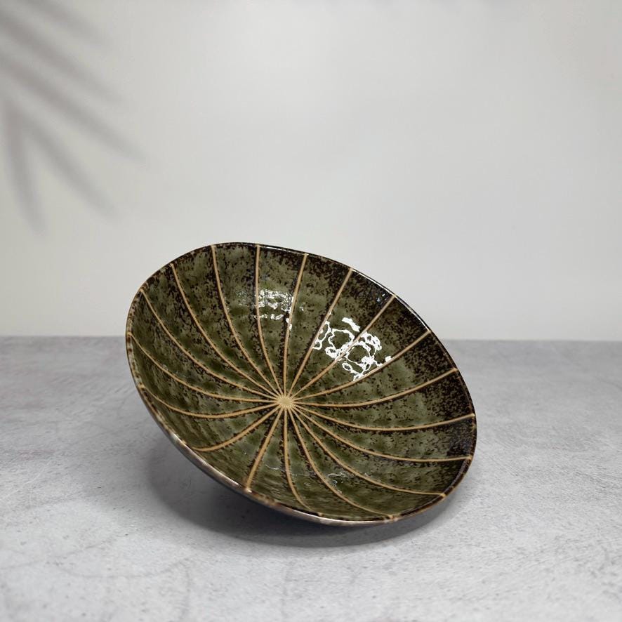Mino Ware Dark Green Chrysanthemum Bowl  Handmade-Style Japanese Pottery, 17cm
