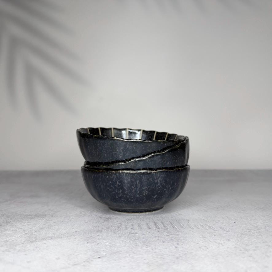 Mino Ware Black Matte Chrysanthemum Bowl  Small Japanese Ceramic Side Dish, Minoyaki Pottery, Made in Japan