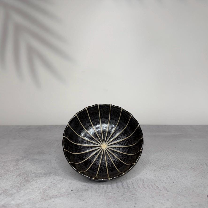 Mino Ware Black Matte Chrysanthemum Bowl  Small Japanese Ceramic Side Dish, Minoyaki Pottery, Made in Japan