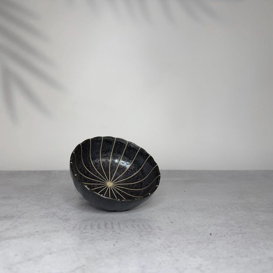 Mino Ware Black Matte Chrysanthemum Bowl  Small Japanese Ceramic Side Dish, Minoyaki Pottery, Made in Japan