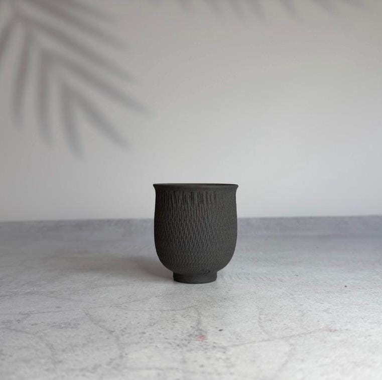 Authentic Shigaraki Hechimon Black Teacup  Handmade in Japan