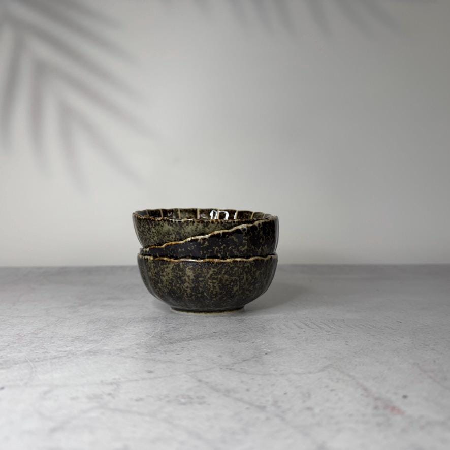 Mino Ware Dark Green Chrysanthemum Shaped Bowl  Japanese Ceramic Small Serving Dish
