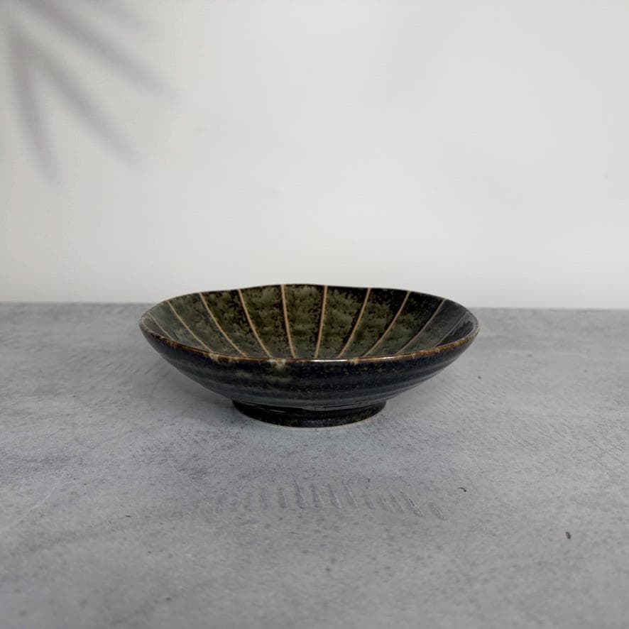 Mino Ware Dark Green Chrysanthemum Bowl  Handmade-Style Japanese Pottery, 17cm