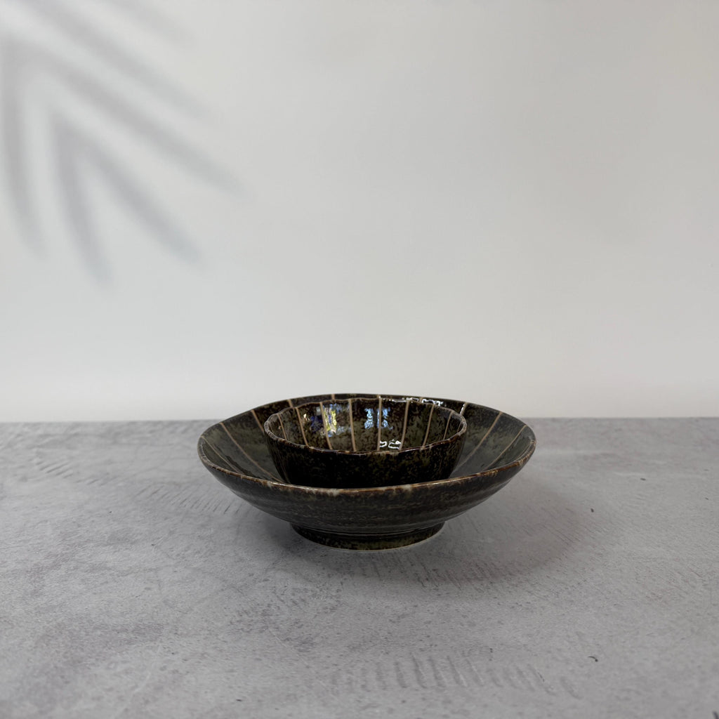 Mino Ware Dark Green Chrysanthemum Shaped Bowl  Japanese Ceramic Small Serving Dish