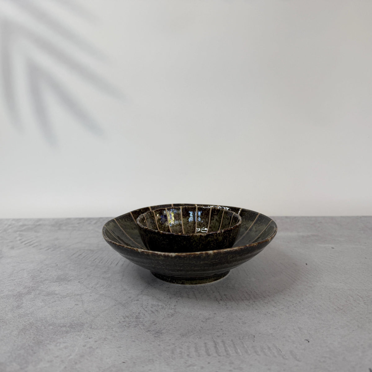 Mino Ware Dark Green Chrysanthemum Shaped Bowl  Japanese Ceramic Small Serving Dish
