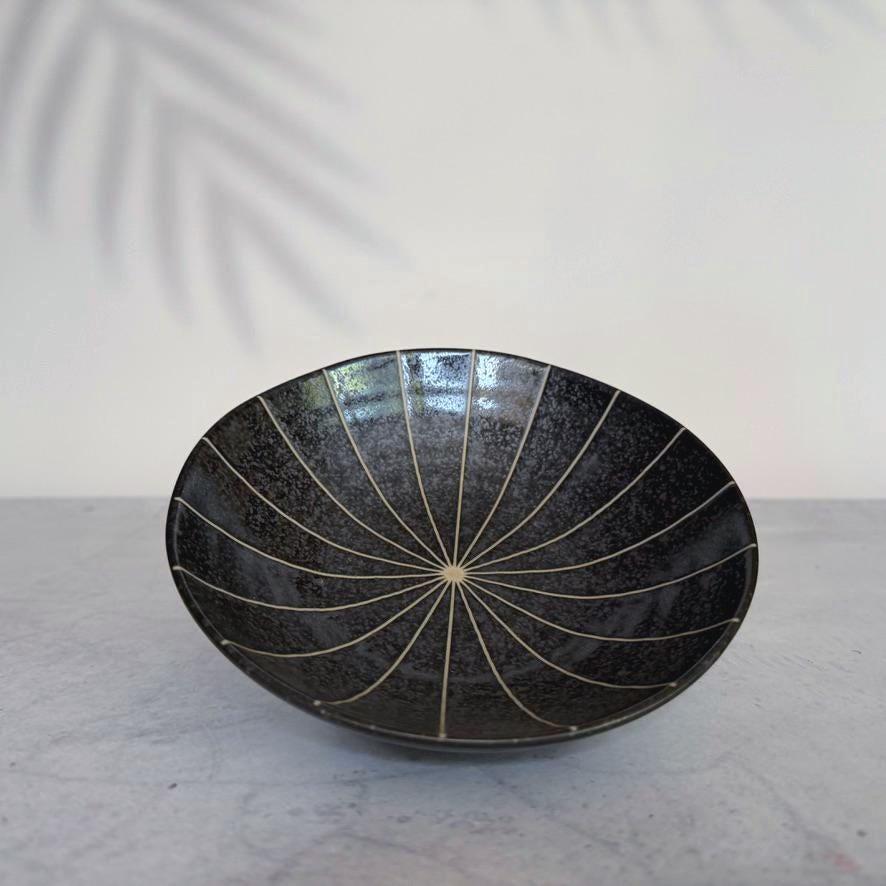 Mino Ware Black Chrysanthemum Bowl  Handmade-Style Japanese Pottery, 17cm