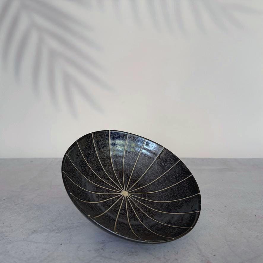 Mino Ware Black Chrysanthemum Bowl  Handmade-Style Japanese Pottery, 17cm