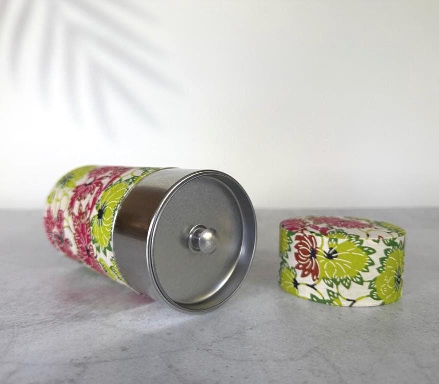 Japanese Washi Tea Canister 200g | Summer Flowers Tin | Japanese Storage Caddy | Made in Japan