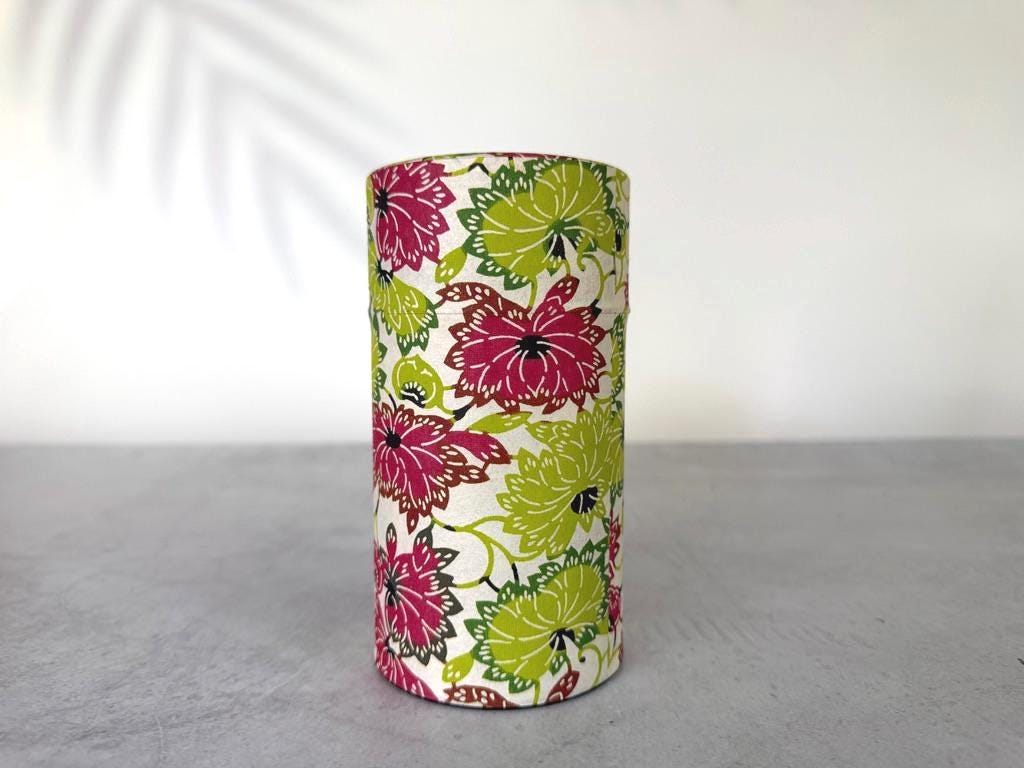Japanese Washi Tea Canister 200g | Summer Flowers Tin | Japanese Storage Caddy | Made in Japan