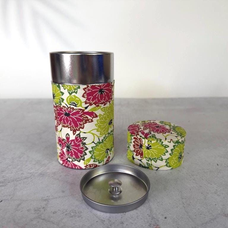 Japanese Washi Tea Canister 200g | Summer Flowers Tin | Japanese Storage Caddy | Made in Japan